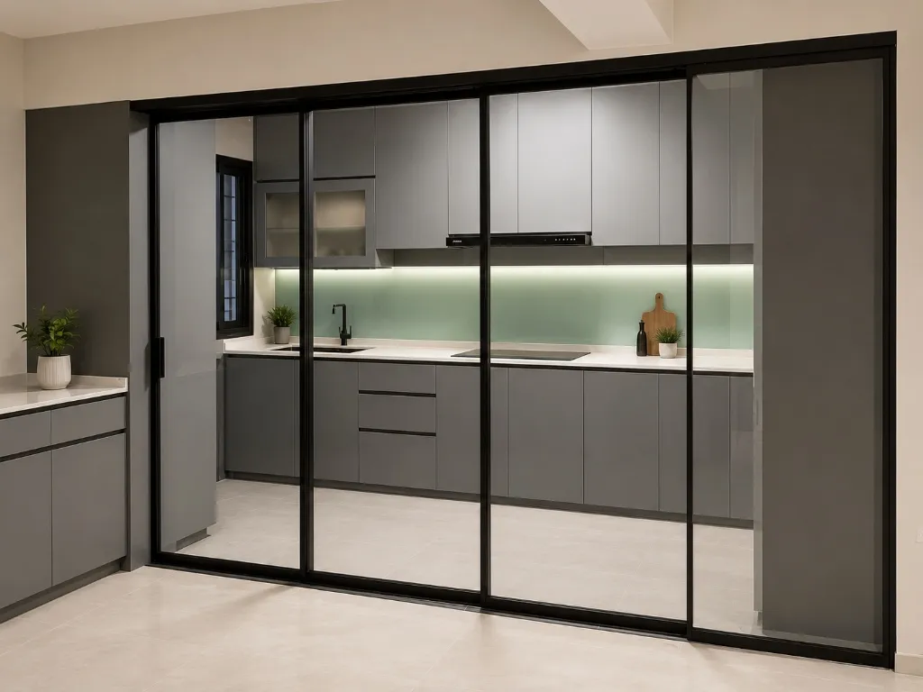 Black framed interlocking sliding glass door for a grey modern kitchen