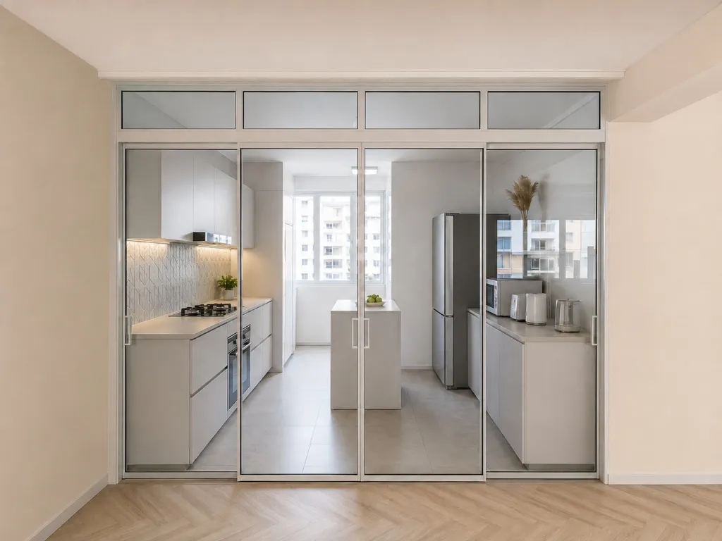 White framed interlocking sliding glass door separating a kitchen with an island