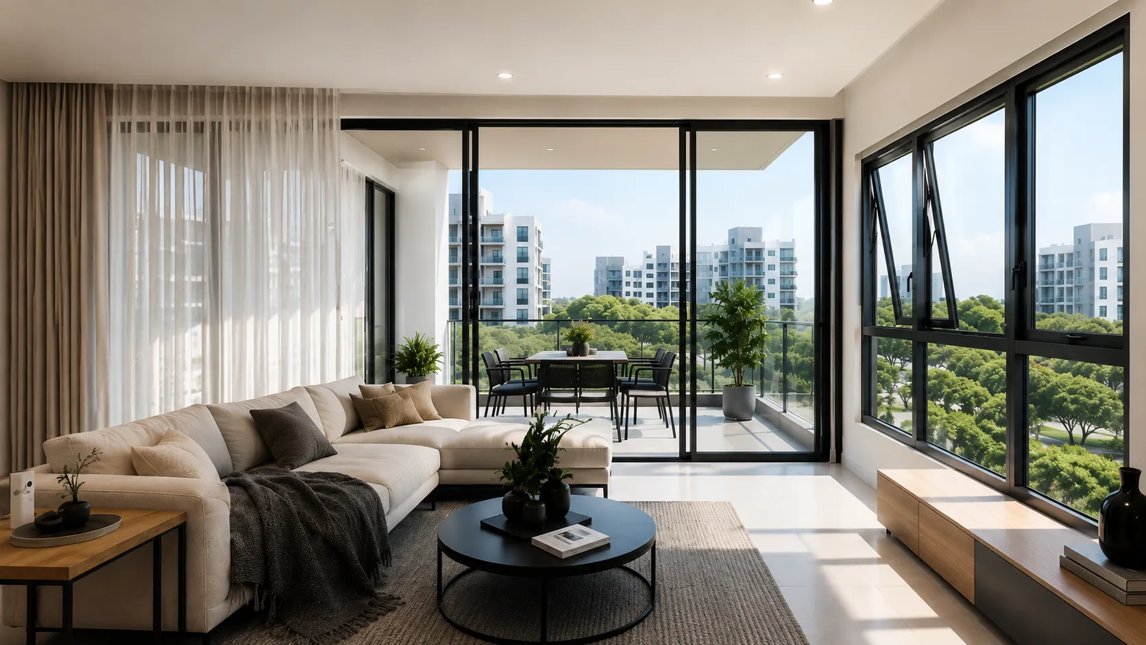 Modern living room with open sliding glass doors and windows in a Singapore HDB home