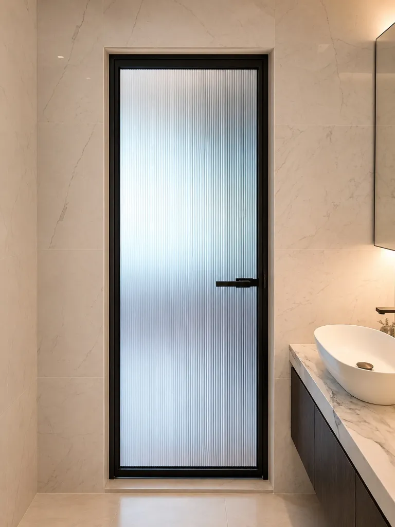 Swing Door with Black Frame and Fluted Glass in Toilet